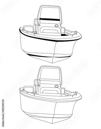 Fishing Boat Vector Line Art Illustration.