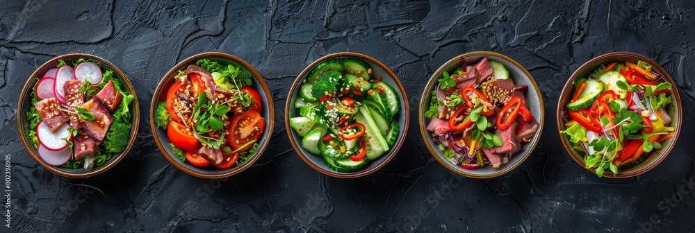 Spicy Salads Set, Salat Collection with Beef Meat and Vegetables Salats Top View, Restaurant Buffet Menu Spicy Salads Set, Salat Collection with Beef Meat and Vegetables Salats Top View, Restaurant Buffet Menu