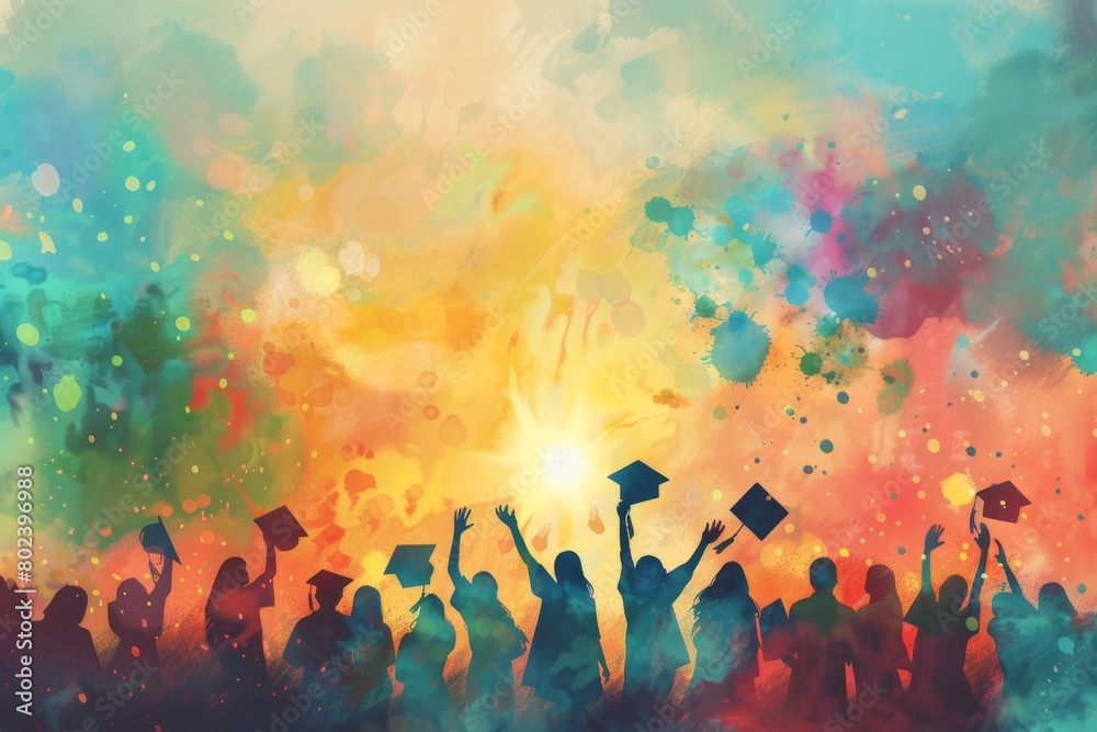 illustration of students celebrating their graduation, holding caps in the air with blurry backgrounds Generative AI