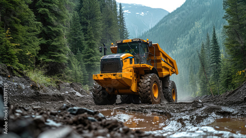 Heavy Duty Machinery: Caterpillar Tractor Maneuvering in a Ravine © Andrii 