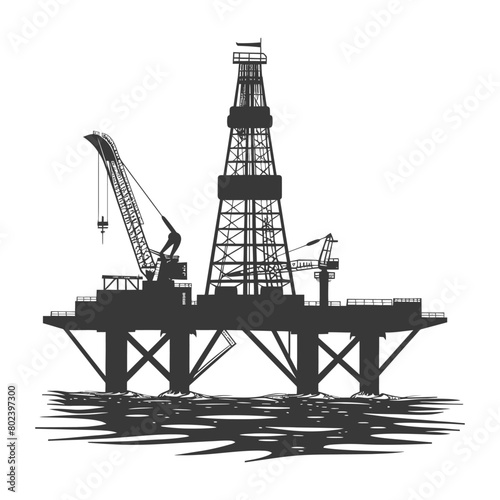 silhouette oil platform or oil derrick in the sea black color only