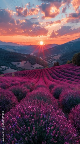 A vibrant sunrise over rolling hills of lavender fields.Professional photographer perspective