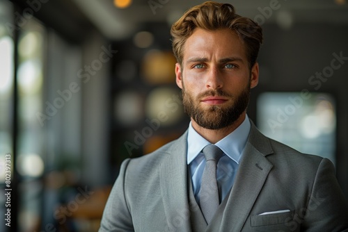 A young, handsome businessman expresses confidence and determination against an office backdrop