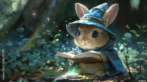 Adorable rabbit cartoon character in a hermetic theme with a wizard hat and a spellbook