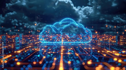 An impressive digital artwork showing a cloud network, symbolizing big data and connectivity, hovering over a futuristic smart city