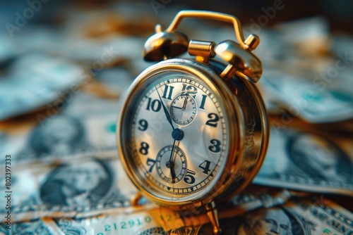 The focus on a classic golden alarm clock over blurred dollars suggests the significance of timely financial decisions and savings