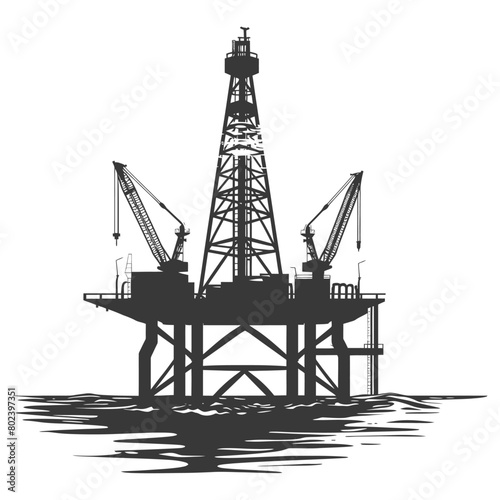 silhouette oil platform or oil derrick in the sea black color only