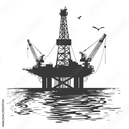 silhouette oil platform or oil derrick in the sea black color only