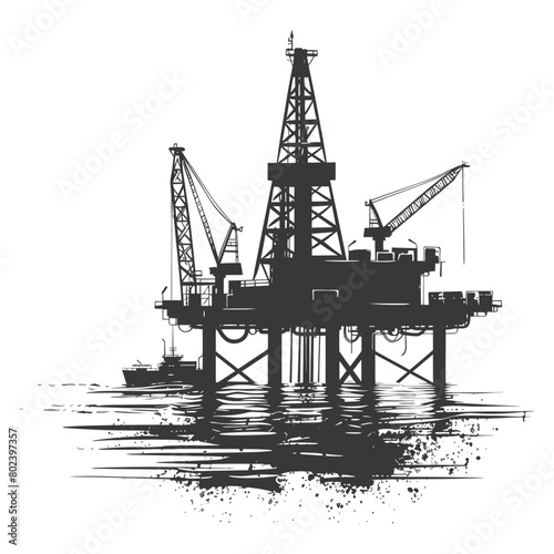 silhouette oil platform or oil derrick in the sea black color only