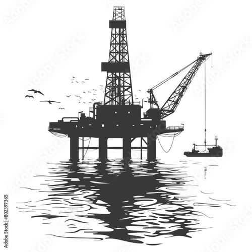 silhouette oil platform or oil derrick in the sea black color only