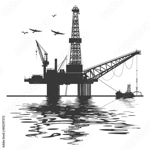 silhouette oil platform or oil derrick in the sea black color only