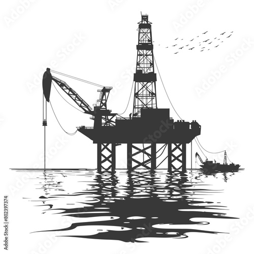 silhouette oil platform or oil derrick in the sea black color only