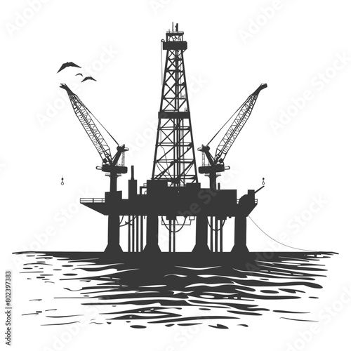 silhouette oil platform or oil derrick in the sea black color only
