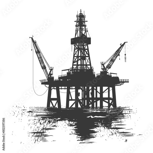 silhouette oil platform or oil derrick in the sea black color only