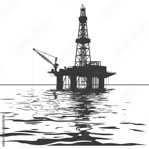 silhouette oil platform or oil derrick in the sea black color only