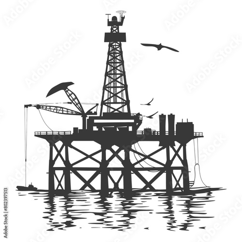 silhouette oil platform or oil derrick in the sea black color only