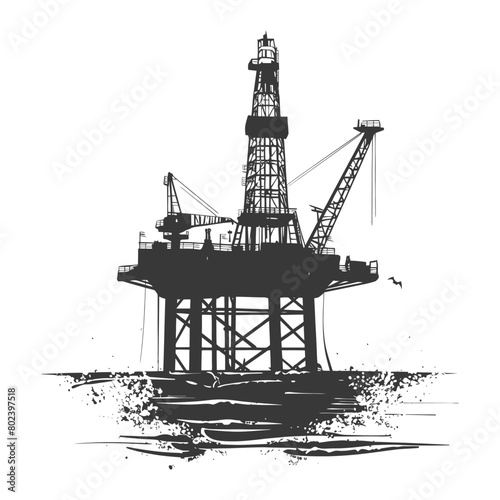 silhouette oil platform or oil derrick in the sea black color only