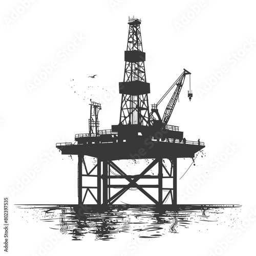 silhouette oil platform or oil derrick in the sea black color only
