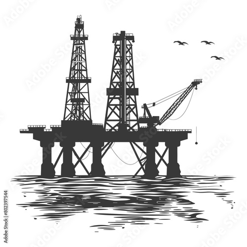 silhouette oil platform or oil derrick in the sea black color only