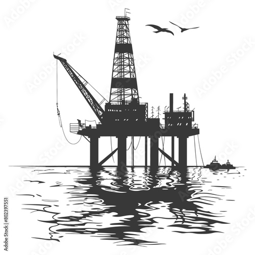 silhouette oil platform or oil derrick in the sea black color only