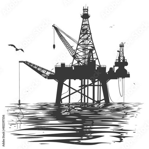 silhouette oil platform or oil derrick in the sea black color only