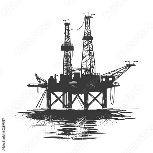 silhouette oil platform or oil derrick in the sea black color only