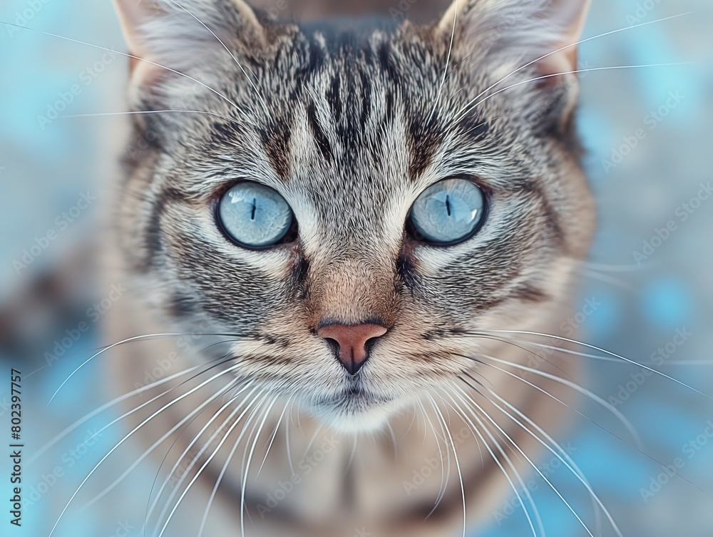 Close-up of a cat with striking blue eyes and detailed fur texture.