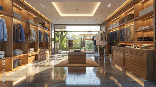 Modern Boutique Interior Design: Elegantly Arranged Clothing Store with Warm Lighting"Luxurious clothing store interior featuring warm wooden shelves and elegant displays under soft lighting.