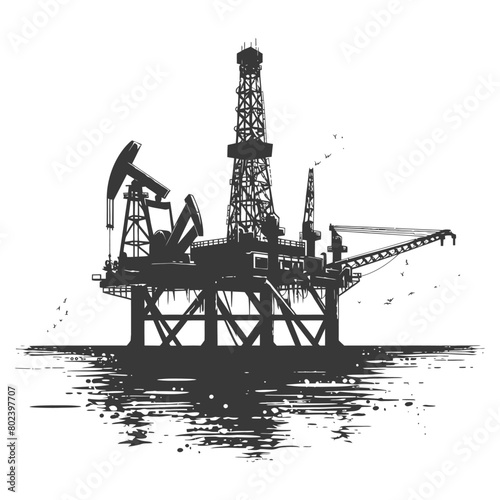 silhouette oil platform or oil derrick in the sea black color only