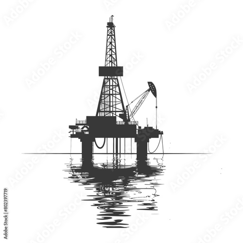 silhouette oil platform or oil derrick in the sea black color only