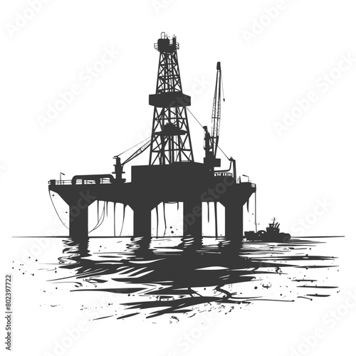 silhouette oil platform or oil derrick in the sea black color only