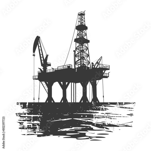 silhouette oil platform or oil derrick in the sea black color only