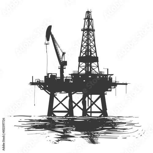 silhouette oil platform or oil derrick in the sea black color only