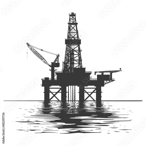 silhouette oil platform or oil derrick in the sea black color only