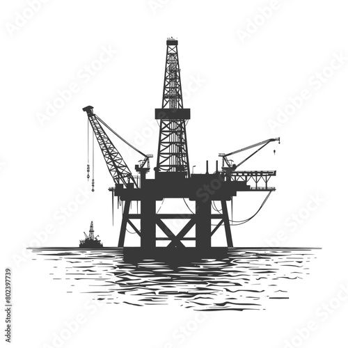 silhouette oil platform or oil derrick in the sea black color only