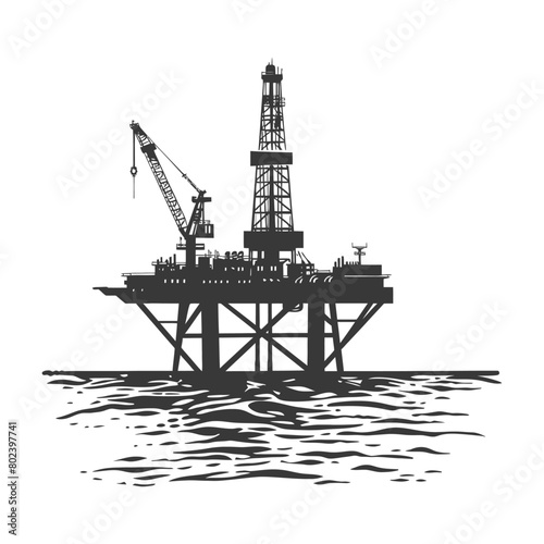 silhouette oil platform or oil derrick in the sea black color only