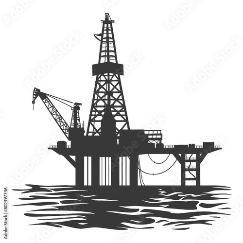 silhouette oil platform or oil derrick in the sea black color only