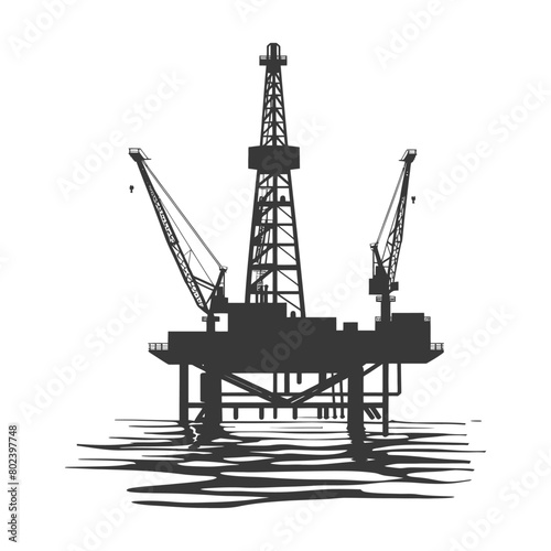 silhouette oil platform or oil derrick in the sea black color only