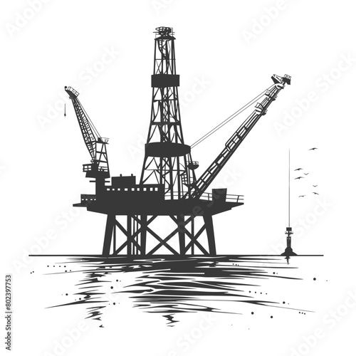 silhouette oil platform or oil derrick in the sea black color only