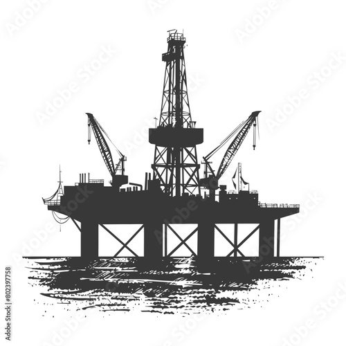 silhouette oil platform or oil derrick in the sea black color only