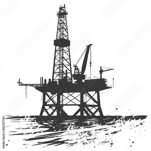 silhouette oil platform or oil derrick in the sea black color only