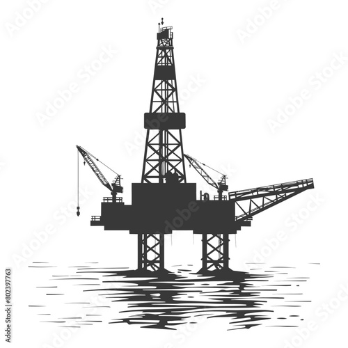 silhouette oil platform or oil derrick in the sea black color only