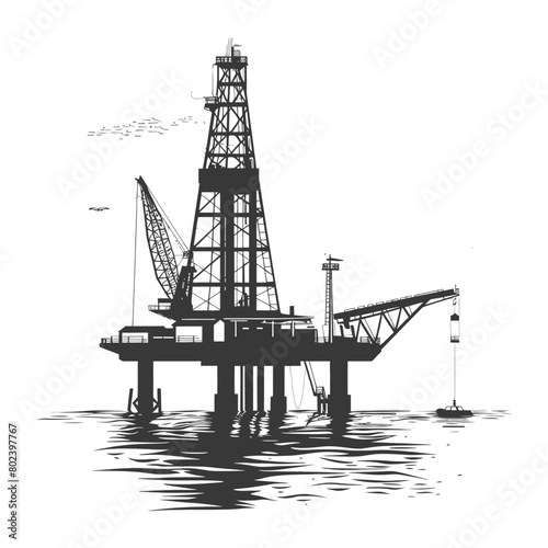 silhouette oil platform or oil derrick in the sea black color only