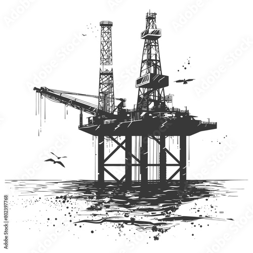 silhouette oil platform or oil derrick in the sea black color only