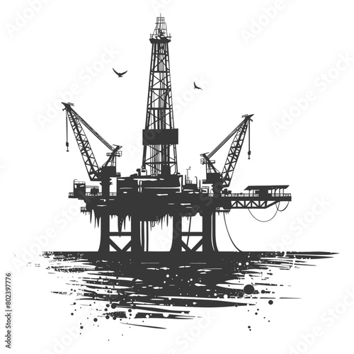 silhouette oil platform or oil derrick in the sea black color only