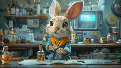 A curious rabbit cartoon character doing science experiments in a makeshift laboratory.