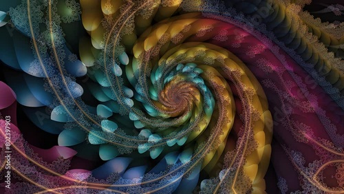 Three-dimensional Fibonacci fractal in elegant muted colors rotates clockwise, abstract colorful background