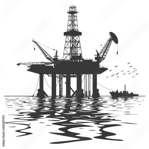 silhouette oil platform or oil derrick in the sea black color only