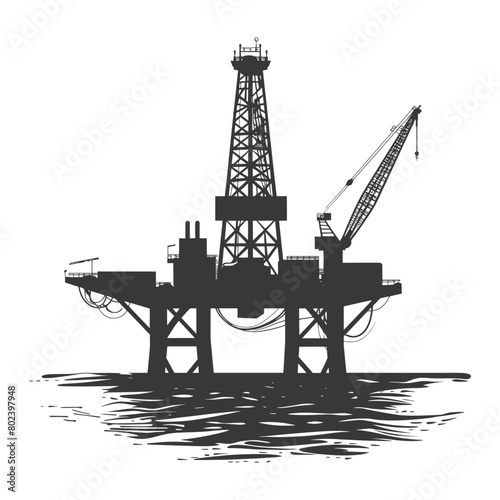 silhouette oil platform or oil derrick in the sea black color only