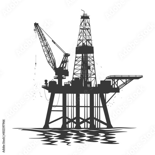 silhouette oil platform or oil derrick in the sea black color only